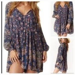 Free People Navy Floral Boho Blouse Long Sleeve Peasant Top Size Small